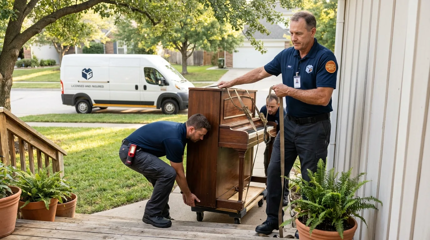 Licensed piano movers securing grand piano in Tyler, MN