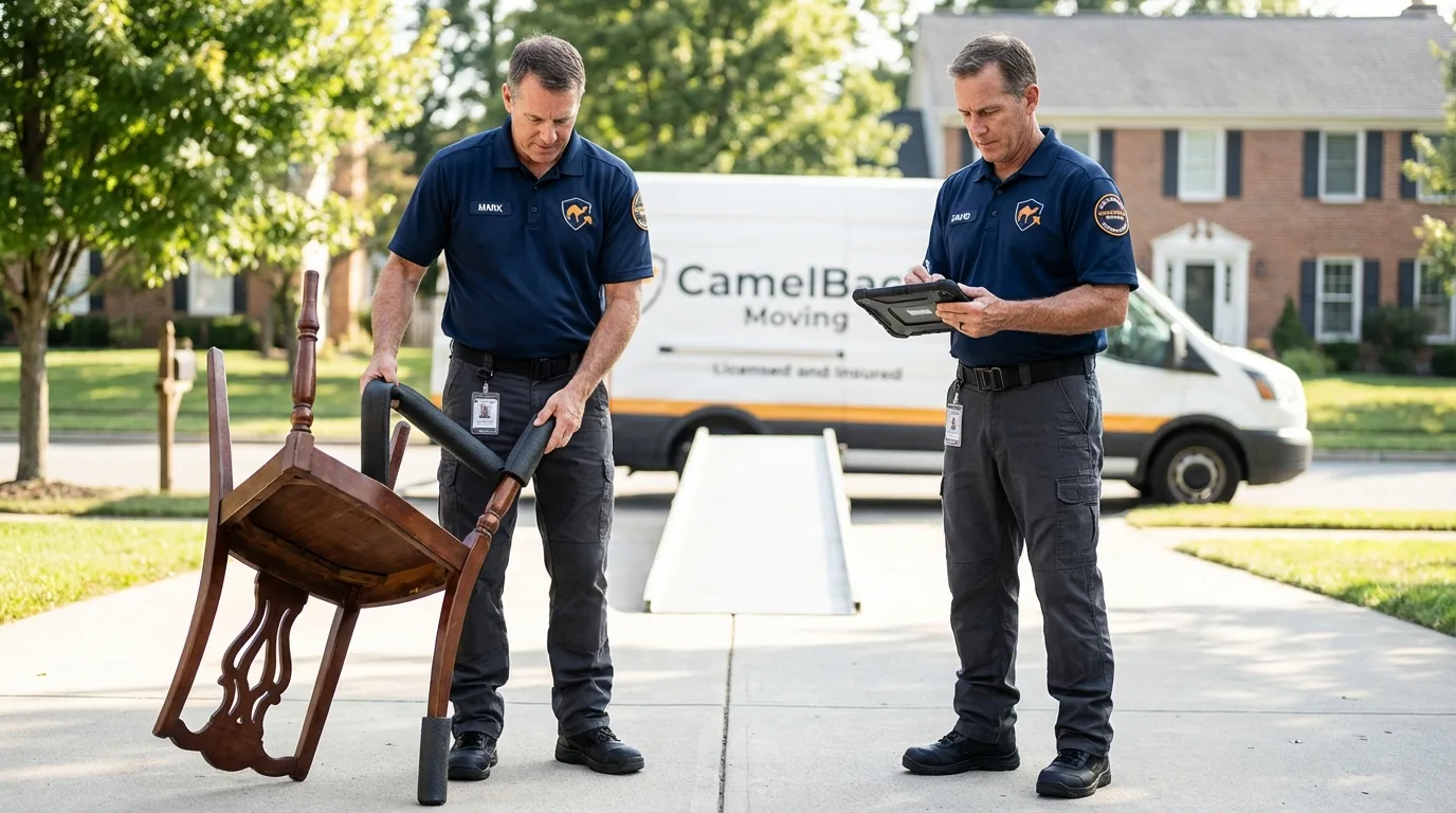 Movers inspecting furniture for damage prevention before loading in Tyler, MN